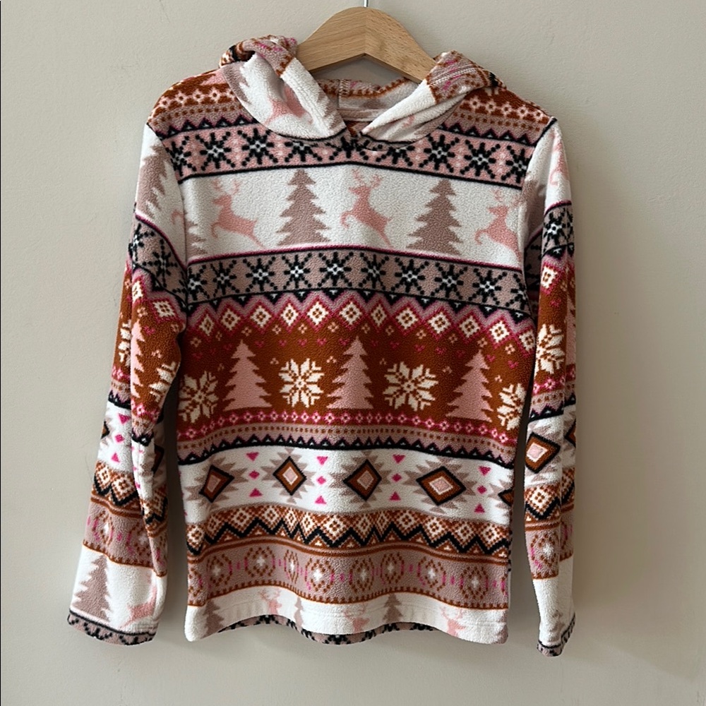 The Children's Place Cozy Pink Reindeer Trees Hoodie Sweater Girls Size 5/6